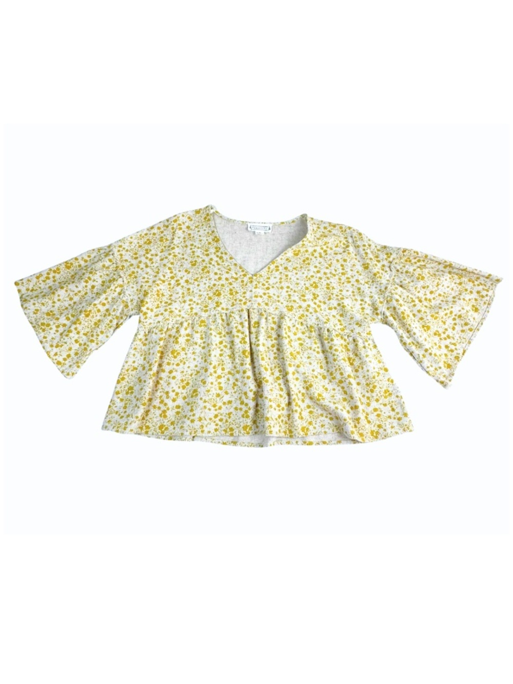Loveriche Yellow Floral Peplum Blouse Medium Boho Bell Sleeve